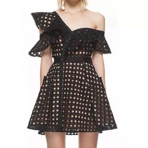 Self Portrait Guipure Frill Mini Dress Black Nude Size 2 NWT